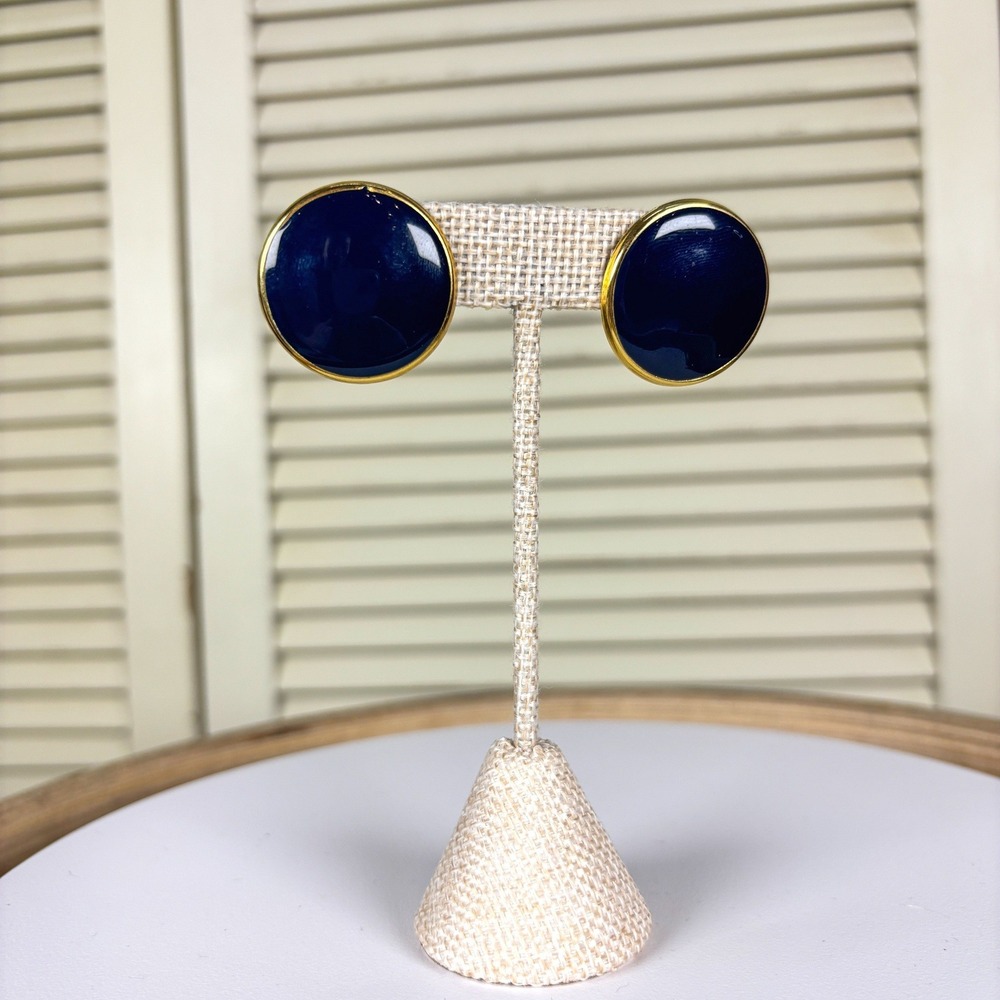 Classic‎ Navy Blue Gold Tone Enamel Round Button Stud Statement Earrings